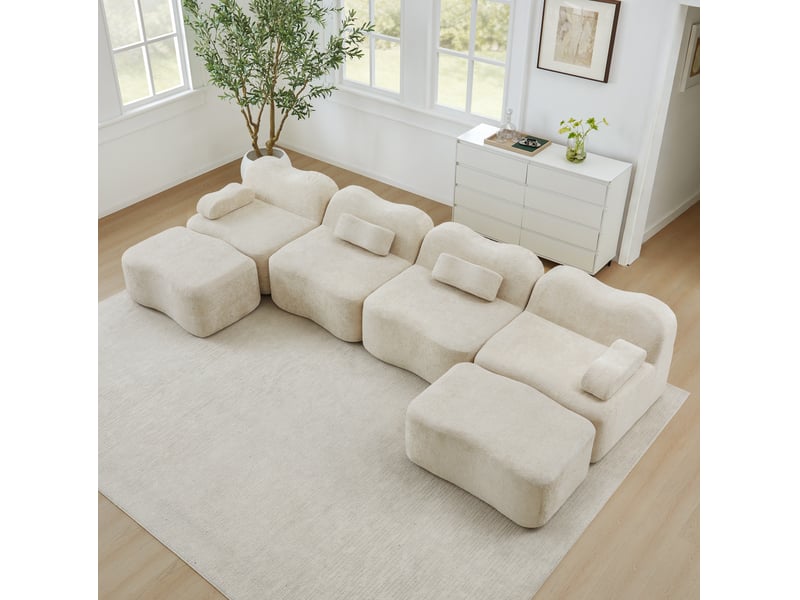  Canapé modulable ulevr 4 places en u avec 2 poufs, mousse 32d, velours beige, 384 x 167 x 70 cm  - Conforama E