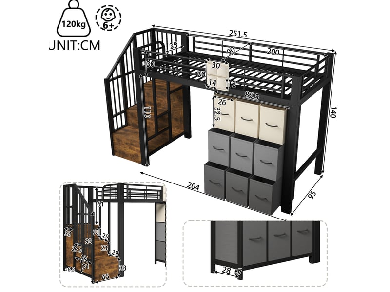  Lit mezzanine 90x200 cm avec tiroirs, penderie, garde-corps et escalier de rangement métal noir sans matelas  - Conforama C