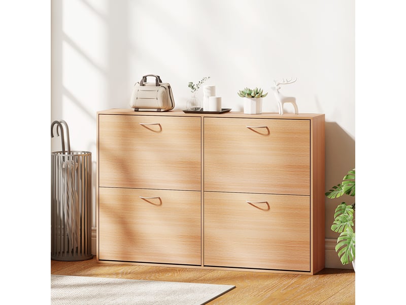  Meuble à chaussures étroit à 4 portes et étagères réglables pour 16 à 24 paires de chaussures, 120 x 24 x 81 cm, naturel  - Conforama D