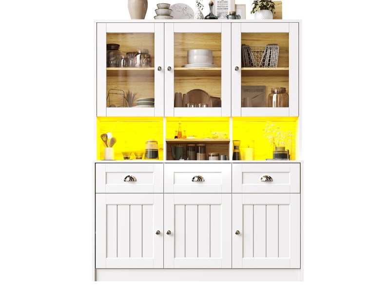  Armoire haute de cuisine 140x40x175cm, buffet de cuisine avec led, vaisselier blancnoir en mdf  - Conforama R