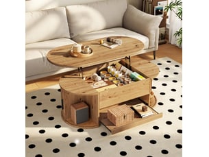 Table basse relevable avec rangements cachés, portes coulissantes et plateau coulissant pour salon en mdf naturel