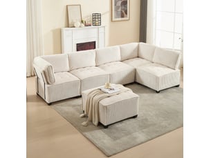 Canapé modulable convertible 6 places en velours côtelé beige - 308 x 154 x 81,99 cm