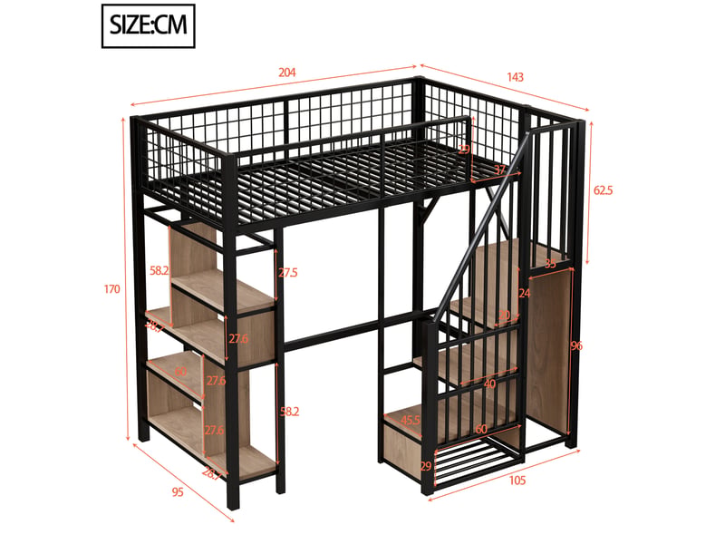  Lit mezzanine enfant 90x200 cm – noir – escalier de rangement, étagères et armoire - sans matelas  - Conforama C