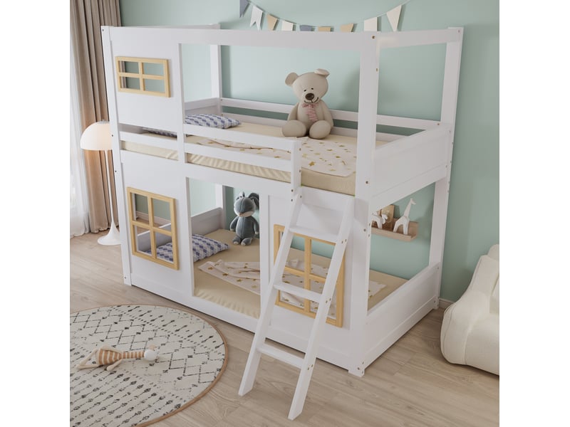  Lit superposé enfant 90x200 cm fenêtres décoratives, échelle et barrières, structure mdf, blanc naturel, sans matelas  - Conforama D