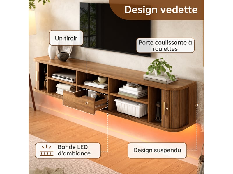  Meuble tv suspendu avec led réglable par application, 2 portes coulissantes rainurées, 1 tiroir, mdf noyer  - Conforama D