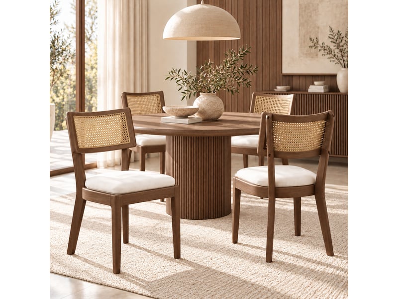 Lot de 4 chaises de salle à manger 50x58x88 cm avec dossier rotin, bois massif, noyer et beige - Conforama B