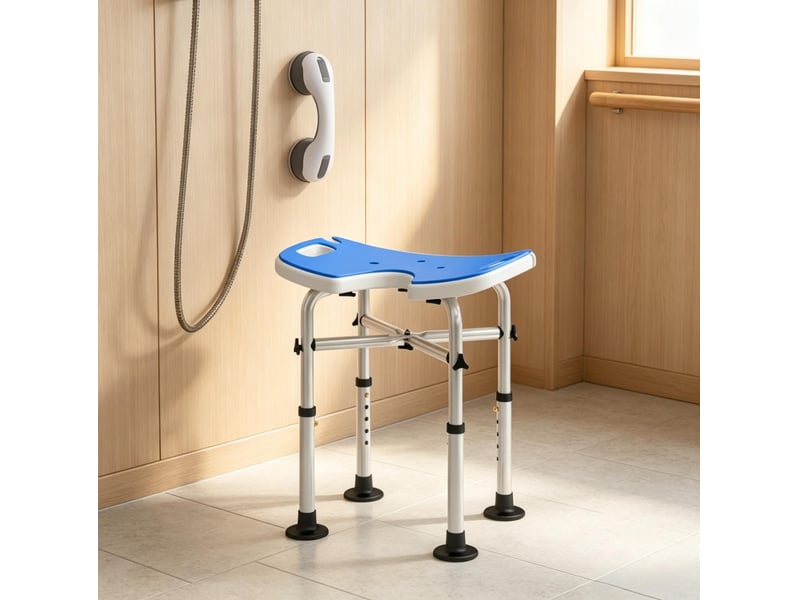 Tabouret de douche réglable en hauteur bleu avec siège en u, ventouses et barre d'appui pour salle de bain - Conforama B