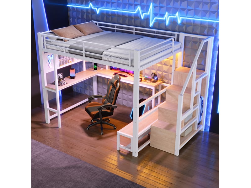  Lit mezzanine 140x200 cm avec bureau, led et rangements coloris blanc  - Conforama D