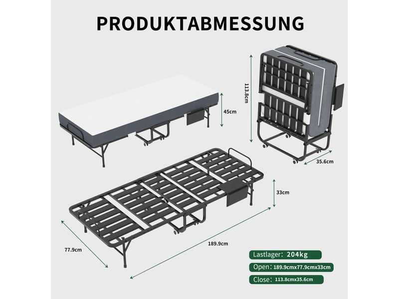  Lit pliant une place 190 x 78 cm noir avec matelas en mousse à mémoire de forme 9,5 cm  - Conforama C