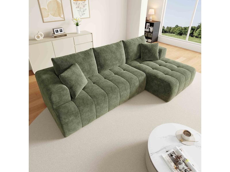  Canapé d'angle modulable 3 places 244.5x136x79 cm, canapé nuage sans structure, tissu chenille, design bas, coussins inclus - vert  - Conforama B