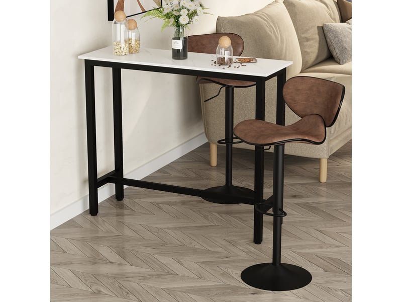  Table de bar table haute de cuisine mange-debout - châssis piètement acier - dim. 120l x 40l x 100h cm, plateau aspect marbre blanc  - Conforama D