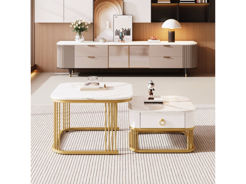  Table basse empilable effet marbre doré brillant – table d'appoint à tiroirs (lot de 2) conforama  - Conforama E