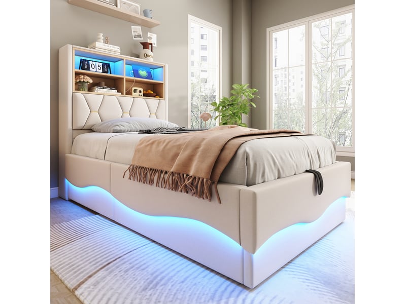 Lit coffre tcqpz 90 x 200 cm led app usb en tissu beige structure métal  - Conforama E