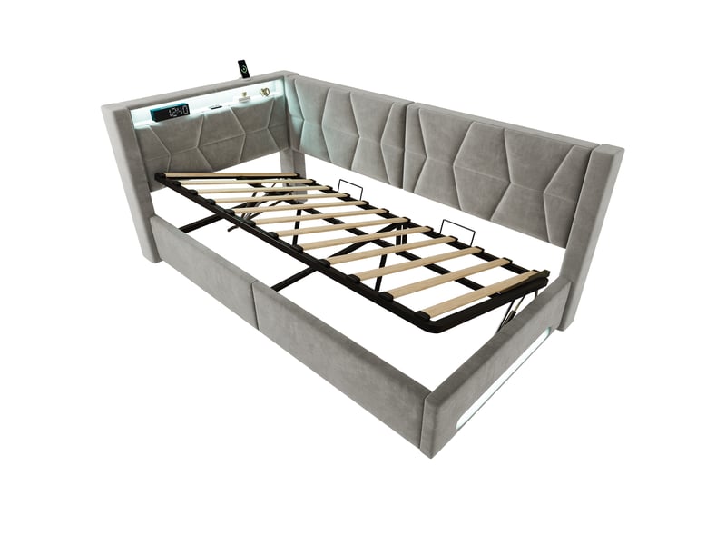  Lit coffre 90x200 cm velours gris avec led, usb, type-c, sommier hydraulique, rangement intégré  - Conforama D