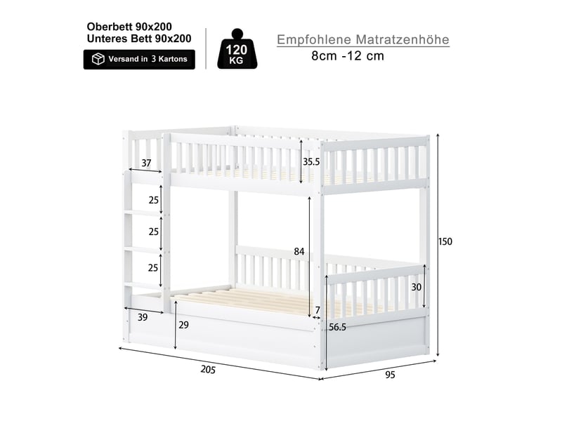  Lit superposé enfant 90x200 cm en bois, coloris blanc, avec rangement hydraulique  - Conforama C