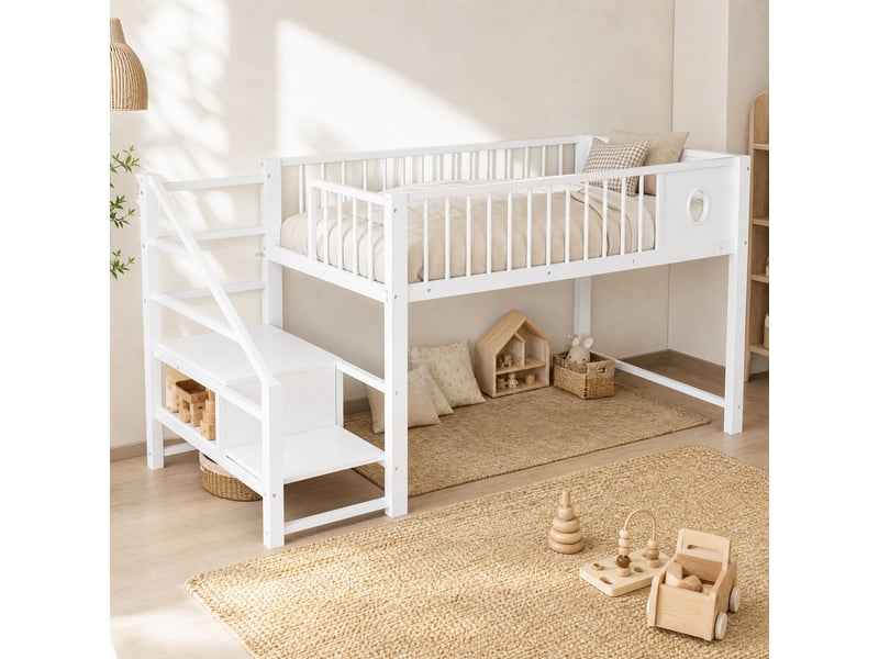 Lit mezzanine 90x200 cm avec échelle de rangement en mdf et métal blanc - Conforama C