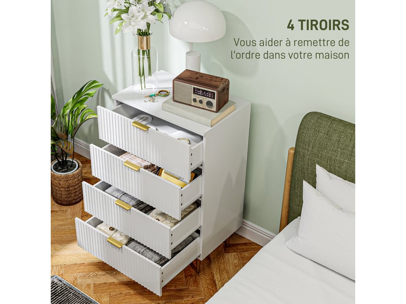  Commode 4 tiroirs commode chambre meuble de rangement moderne avec poignées et pieds dorés, blanc, dim. 60 x 40 x 96 cm  - Conforama A