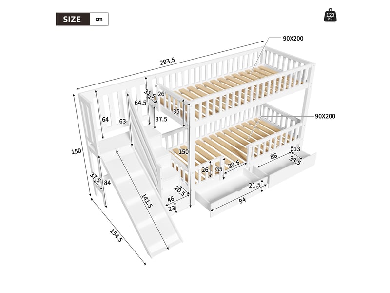  Lit superposé enfant 90x200 cm avec toboggan, escaliers, 2 tiroirs et porte magnétique, en bois, blanc, sans matelas  - Conforama C