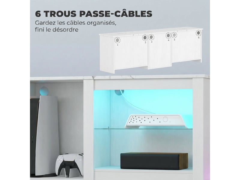  Meuble tv avec éclairage led pour télévision jusqu'à 70 pouces, blanc, 160cm avec étagères en verre réglables  - Conforama W