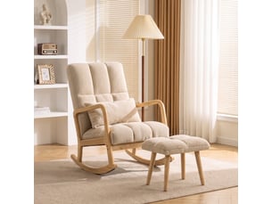 Fauteuil à bascule tissu laine bouclée matelasée avec repose-pieds style nordique beige