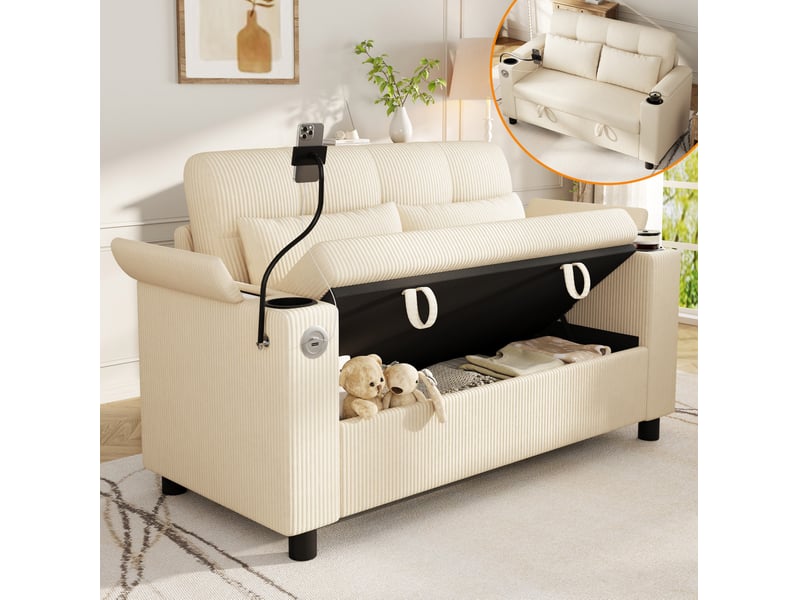  Canapé 2 places 136,5 x 79,5 x 83,6 cm – beige – velours côtelé avec rangements, usb et porte-gobelets  - Conforama B