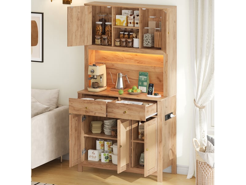  Buffet de cuisine 100x40x180 cm avec led, prises et portes en rotin coloris naturel  - Conforama B