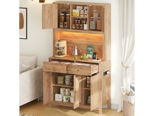 Buffet de cuisine 100x40x180 cm avec led, prises et portes en rotin coloris naturel
