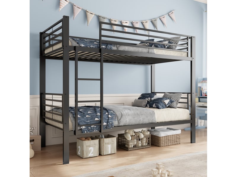  Lit superposé 90x200 cm avec échelle réversible noir, en métal, sans matelas  - Conforama R