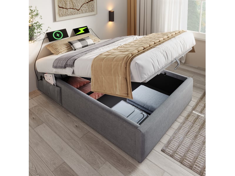  Modenvie lit coffre 90x200 cm - avec ports usb-c, sans tête de lit, sans matelas - gris  - Conforama B