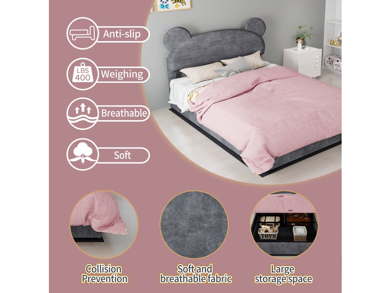  Lit coffre 140x200 cm, tête de lit rembourrée forme ludique, rangement à vérins, tissu et métal gris, sans matelas  - Conforama E