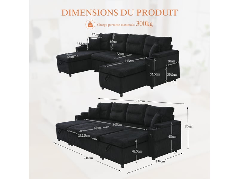  Canapé convertible 4 places à deux méridiennes avec rangement, noir  - Conforama E