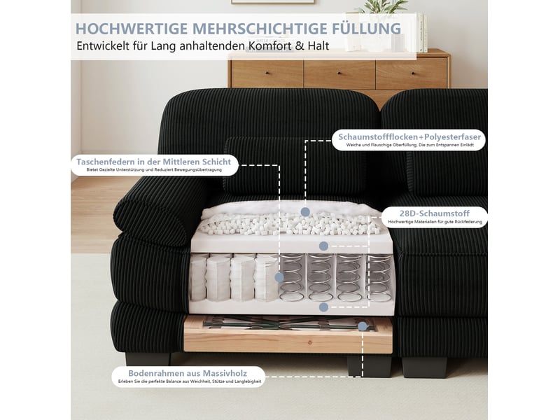 Canapé modulable en u 3 places 265x 161x 94 cm, 2 poufs, assise profonde, coussins lombaires, velours côtelé, noir - Conforama E