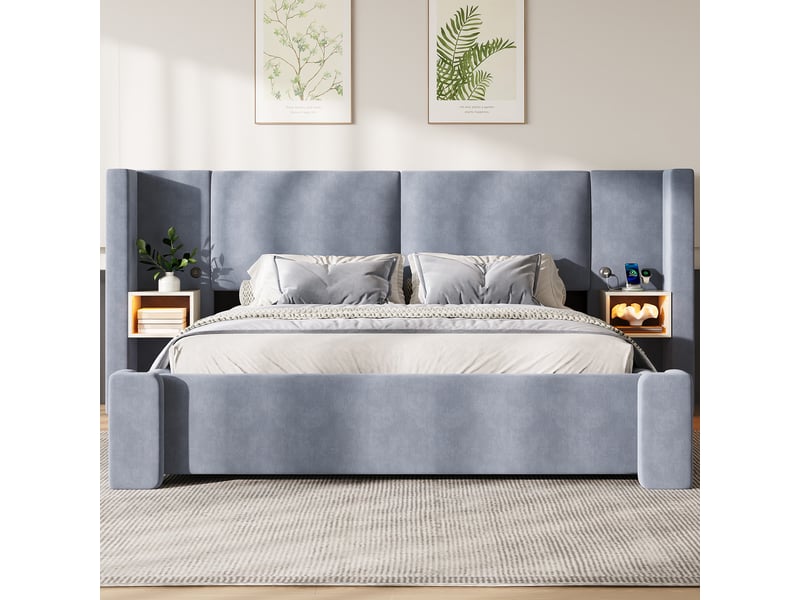  Lit capitonné 140x200 cm en lin, éclairage led, coffre de rangement, mécanisme hydraulique, coloris gris  - Conforama E