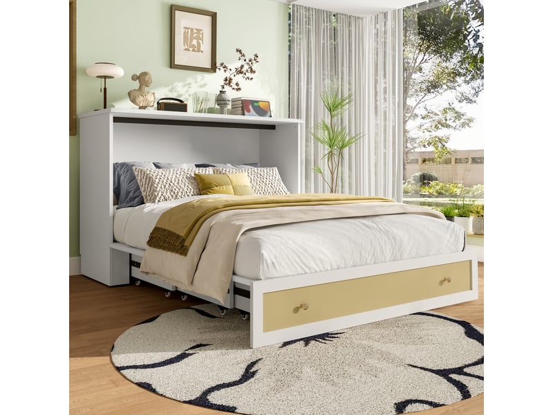  Lit combiné 140x200 cm blanc avec tiroirs, étagère de tête de lit, ports usb et prise électrique intégrés, sans matelas  - Conforama B