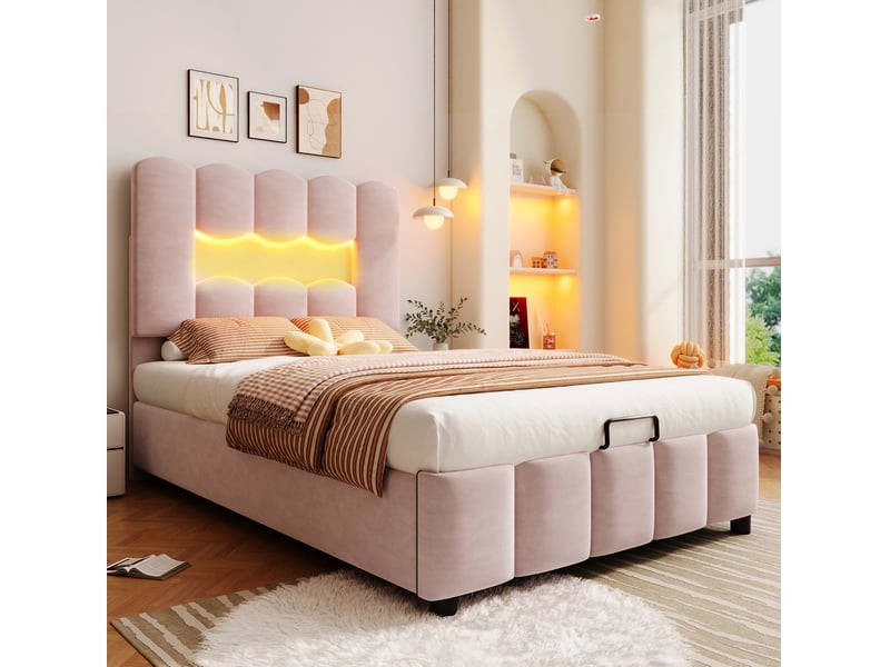  Lit coffre enfant 90x200 cm, éclairage led multicolore, rangement hydraulique, tête de lit réglable, finition velours rose, sans matelas  - Conforama D