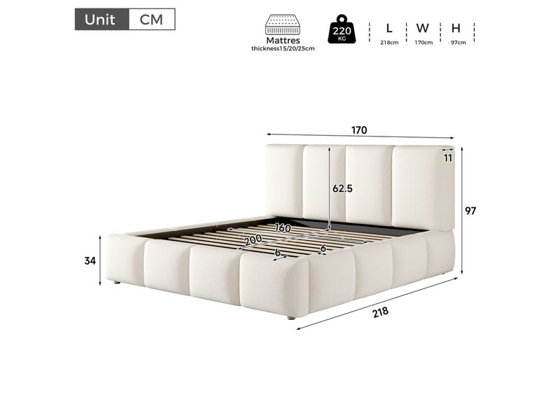  Lit double rembourré 160x200cm, mécanisme hydraulique, sommier lattes, tête de lit et grand rangement, blanc bouclé  - Conforama C