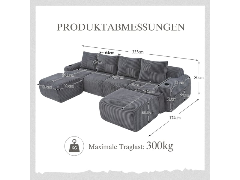  Canapé modulable 4 places 333x174x80 cm, configurable, porte-gobelet intégré, poche latérale, velours côtelé gris foncé  - Conforama C