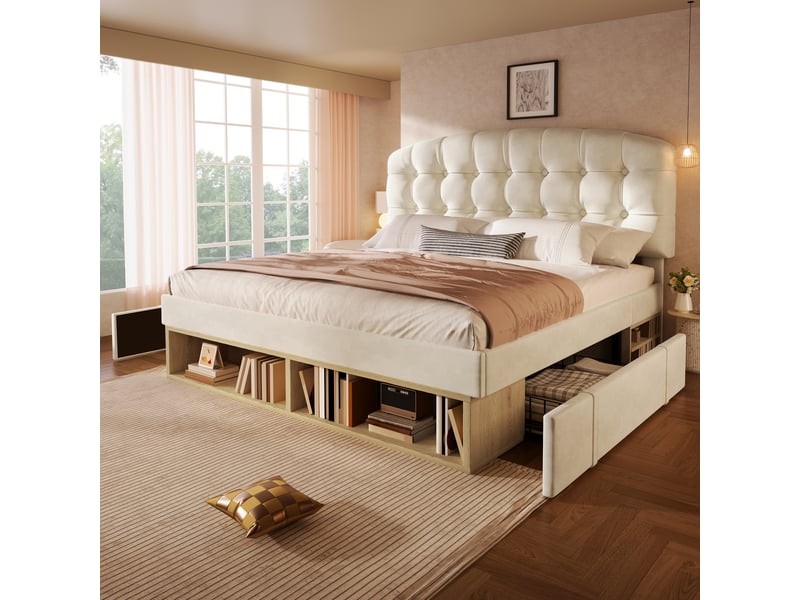  Lit double rembourré 140 x 200 cm avec tiroirs, rangements et tête de lit réglable, velours beige, sommier à lattes Fay Lum - Conforama B