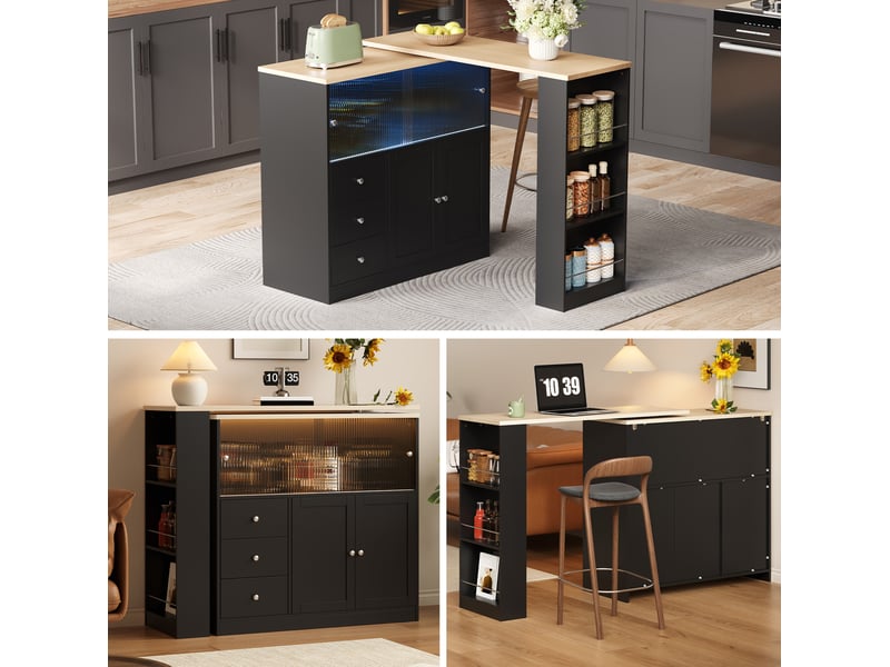  Îlot de cuisine plateau extensible avec 3 tiroirs et 4 portes 172x40x96 cm, roulettes verrouillables, pivotant en mdf c  - Conforama B
