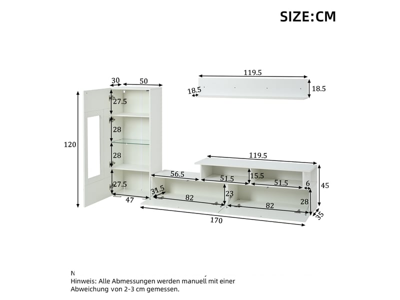  Ensemble meuble tv 3 pièces avec led, vitrine et étagère pour salon en panneaux de particules 170×35×45 cm blanc  - Conforama E