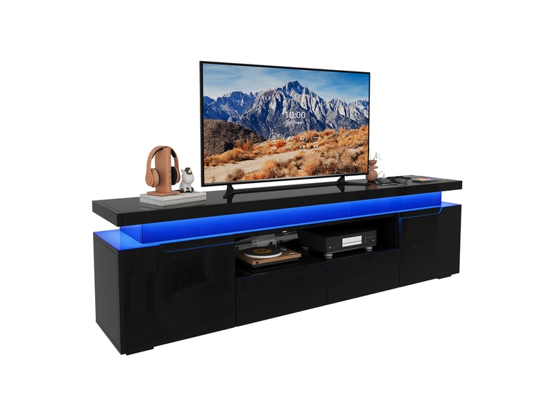  Meuble tv noir brillant 180 cm avec led rgb, multiprise usb-c intégrée, 2 tiroirs et 2 armoires, pour tv jusqu’à 75 pouces  - Conforama A