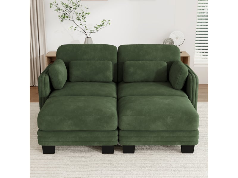  Canapé modulaire 2 places 176x143x88 cm avec 2 poufs en chenille vert  - Conforama B