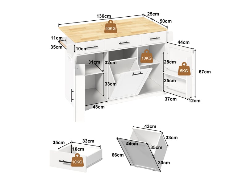  Desserte de cuisine mobile avec 3 tiroirs, poubelle, plateau rabattable et prises en mdf blanc naturel 136 × 75 × 92 cm  - Conforama C