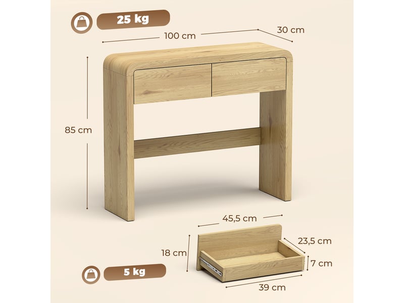  Table console avec 2 tiroirs, console meuble, 100 x 30 x 85 cm, coins arrondis et plateau épais, bois naturel  - Conforama E