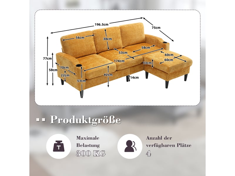  Canapé d'angle réversible fixe 4 places tissu jaune canapé d'angle jaune - Conforama C