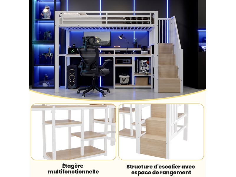  Lit mezzanine 90x200 cm avec bureau, rangement, led et usb-c blanc  - Conforama D