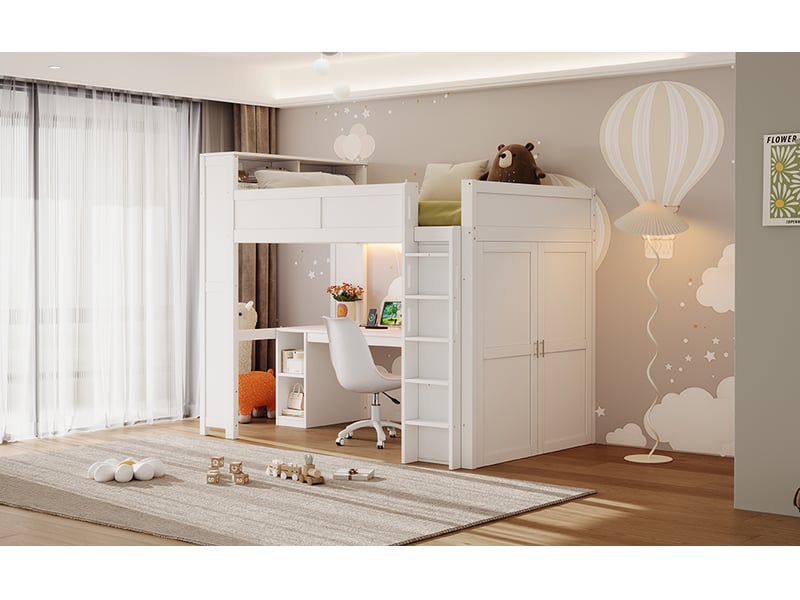  Lit mezzanine simple 90×200 cm bureau, armoire, usb et led en bois - okmyhome- blanc, sans matelas  - Conforama E