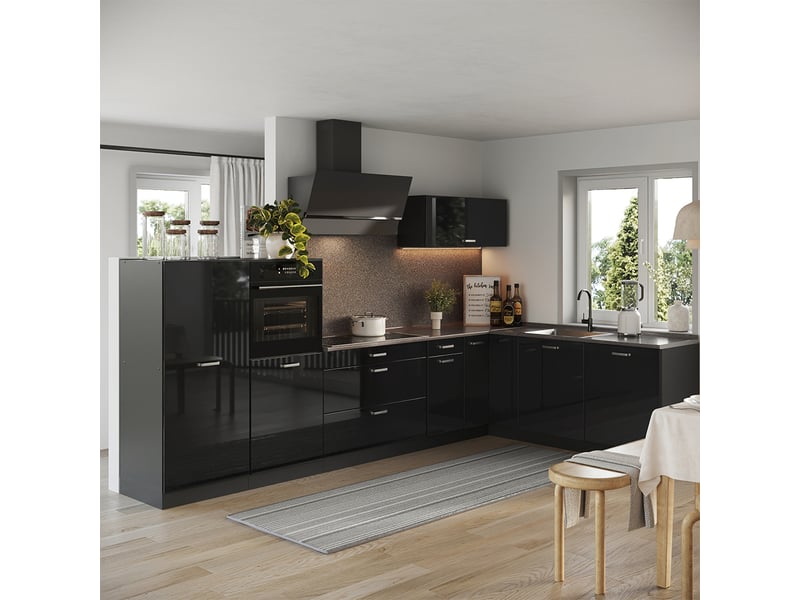  Vicco cuisine en angle, noir haute brillanceanthracite, 347 x cm plan de travail chêne doré  - Conforama C