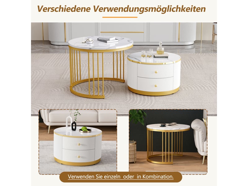  Ensemble élégant de 2 table basse salon gigognes, table de salon rondes avec 2 tiroirs, 60x60x45.5 cm et 50x50x32 cm, blanc + dorée  - Conforama W