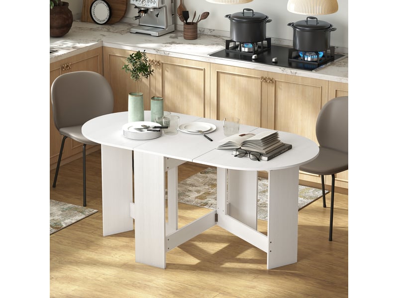  Table de cuisine pliante à abattants, table ovale multifonctionnelle de style moderne, 163 x 80 x 75 cm, blanche  - Conforama C